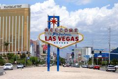 The Las Vegas Sign with palm trees and blue sky