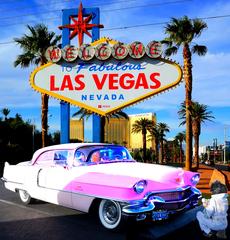 Pink Cadillac 1955 Fleetwood Series 60 Elvis at Welcome to Fabulous Las Vegas sign