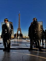 CRS officers protecting Place du Trocadéro with Eiffel Tower in background