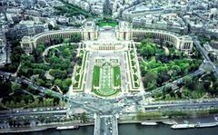 view from the Eiffel Tower across the Seine River to Place du Trocadéro