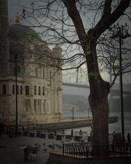 Rainy day in Ortakoy with mosque and sea