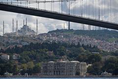 View from Ortaköy Mosque to the Asian side with the Bosphorus Bridge, Big Çamlıca Mosque, and Beylerbeyi Palace