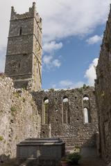 19th century tomb with Claregalway Abbey ruins in the background