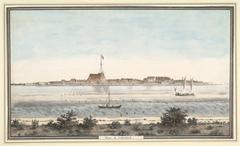 View of the fort of Cochin from across the backwater with the Union flag flying from the warehouse watercolor c. 1800.