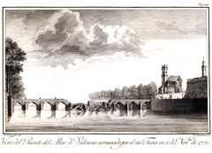 Engraving of the Pont de la Mar bridge break due to the flood of November 5, 1776