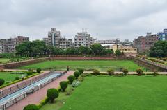 Panoramic view of a lush green field with trees in the background in Bangladesh