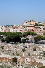 Roman Forum and Monti seen from Palatine terrace in Rome, Italy