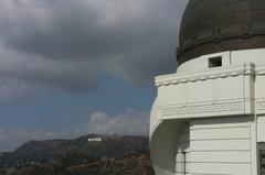 Western dome of Griffith Observatory with Hollywood Sign and Santa Monica Mountains