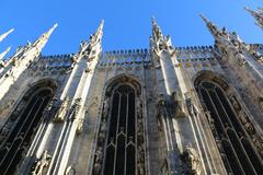 Facade of Duomo di Milano under a clear blue sky