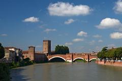 Adige River, Castelvecchio, and Ponte Scaligero in Verona, Italy