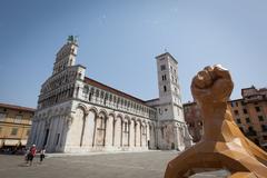 Aerial view of Lucca, Italy with medieval buildings and historic city wall