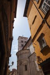 Aerial view of Lucca, Italy with its historic buildings and city walls