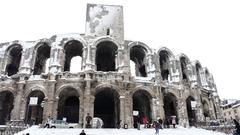 Amphitheatre of Arles covered in snow