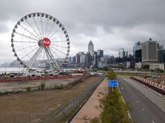 Hong Kong Central Waterfront Promenade with observation wheel in March 2020