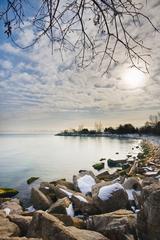 Slippery rocks and snow at Woodbine Beach, Toronto