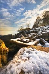 Large boulders with snow at Woodbine Beach, Toronto