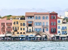 View of Chania shorefront with buildings and waterfront promenade