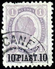 Austro-Hungarian Empire 10 Piaster on 1 Gulden pale lilac stamp used in Canea