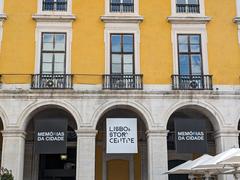 Lisboa Story Centre sign in Praça do Comércio, Lisbon