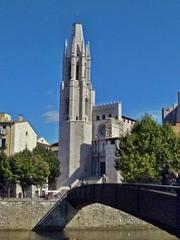 Bridges over the Onyar River in Girona with Church of Sant Feliu