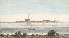 Water-colour painting of the fort of Cochin from across the backwater, circa 1800