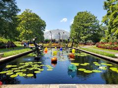 Missouri Botanical Garden with Climatron and Chihuly floating glass art in pool