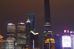 View of Pudong from the Bund at night with Shanghai Tower in Shanghai