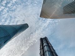 upward view of Shanghai Tower, Shanghai World Financial Center, and Jin Mao Tower