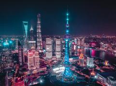 Hole In The Earth urban cityscape with neon lights in Shanghai