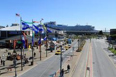 View of Pier 39 with a busy harbor and colorful shops