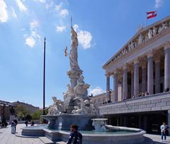 Austrian Parliament Building Entrance with Flags in Vienna, Austria