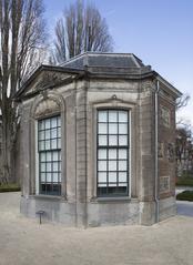 Façade of a garden pavilion in Louis XV style with three window frames and wall cladding, made of Bentheimer sandstone, from Haarlem.