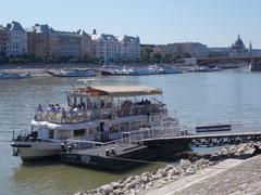 Centenáriumi emlékmű ship station with Margaret Bridge in the background, Budapest, Hungary