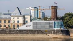 Imhoff Chocolate Museum, Cologne, view from Deutzer Werft with low Rhine water level