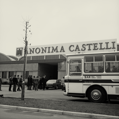 Exterior view of the main entrance of Anonima Castelli production plant in Bologna likely taken between 1960 and 1970.