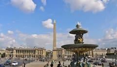 Place de la Concorde in Paris with Fontaine des Fleuves, Luxor Obelisk, and La Madeleine at the end of Rue Royale