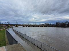 Dresden Elbe flood with water level at 5.91 meters, view towards Marienbrücke