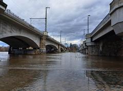 Dresden Elbe flood waters with water level at 5.91 meters and view of Marienbrücke