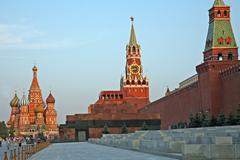 Red Square in Moscow with Senate Tower, Lenin's Mausoleum, Spassky Tower, and St. Basil's Cathedral