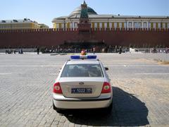 police car in Red Square facing the Kremlin Wall and Lenin's Tomb