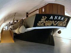 Stern of the brigantine Anna at the Maritime Museum in Genoa, Italy