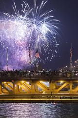 Chicagoans watching Navy Pier 4th of July fireworks from Michigan Avenue bridge