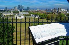 Greenwich Royal Observatory view of Queen's House, Greenwich Hospital, Docklands highrises, and Millennium Dome