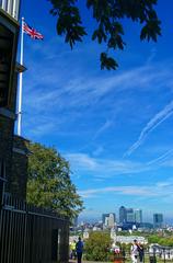 Greenwich Royal Observatory view including Queen's House, Greenwich Hospital, and Canary Wharf Docklands