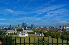 View from Royal Observatory in Greenwich featuring Queen's House, Old Royal Naval College, Canary Wharf Docklands, and Millennium Dome