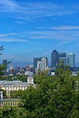 Greenwich Royal Observatory view towards Greenwich Hospital and Canary Wharf Docklands