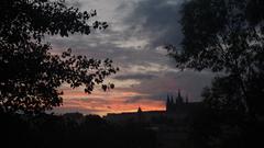 A picturesque view of Prague with a river, historic buildings, and a bridge on a sunny day