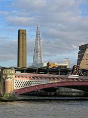 Blackfriars Bridge and Blackfriars Railway Bridge with The Shard and Tate Modern from River Thames