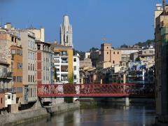 Pont Palanques Vermelles in Girona with Sant Feliu Cathedral in the background