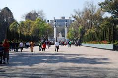 Bridge entrance to Chapultepec Park with Chapultepec Castle and Altar a la Patria in view